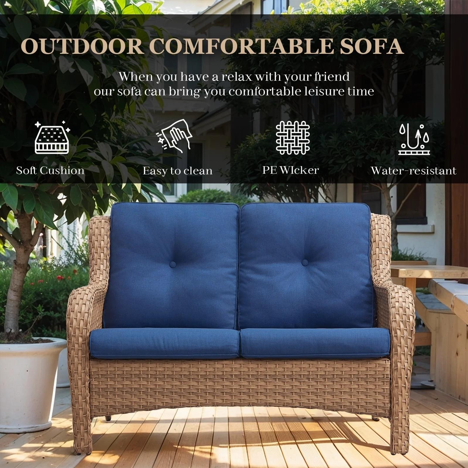 Double seater rattan wicker sofa with soft cushions for patio or garden seating