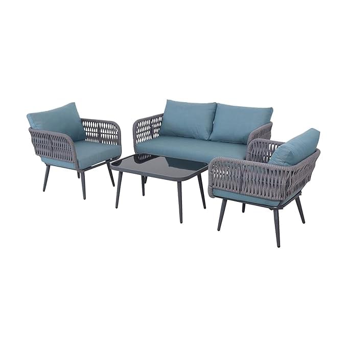 4-piece patio furniture set with woven rope design on a garden terrace, including two chairs, a loveseat, and a coffee table