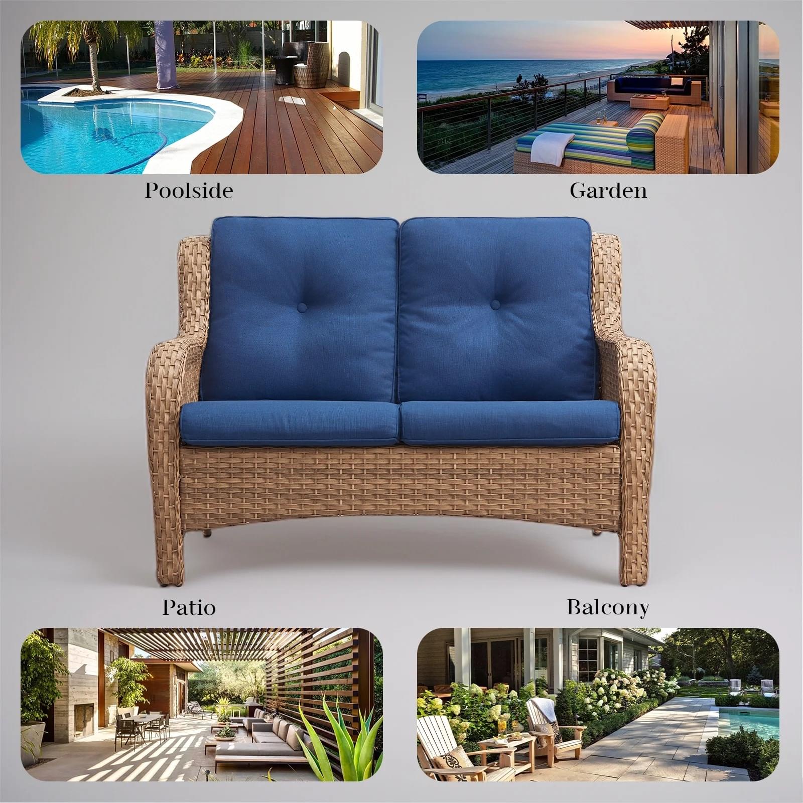 Double seater rattan wicker sofa with soft cushions for patio or garden seating