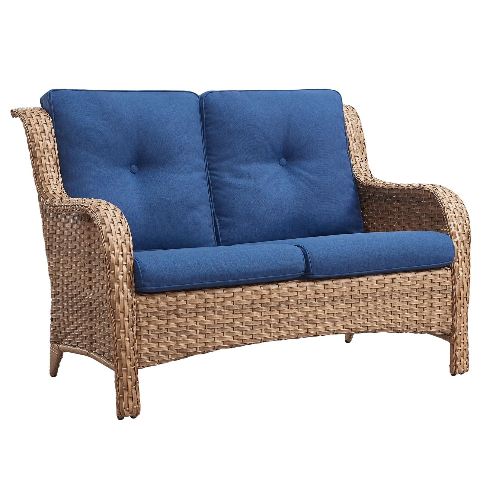 Double seater rattan wicker sofa with soft cushions for patio or garden seating