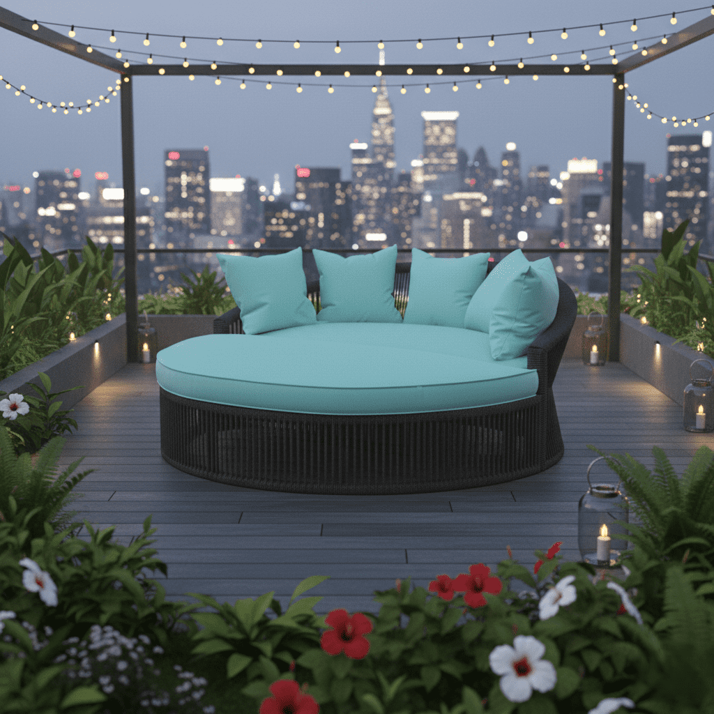 Luxury Rooftop Outdoor Round Daybed with Cushions & City View LOCCUS Round Daybed Furniture Set (Black) - Image 1