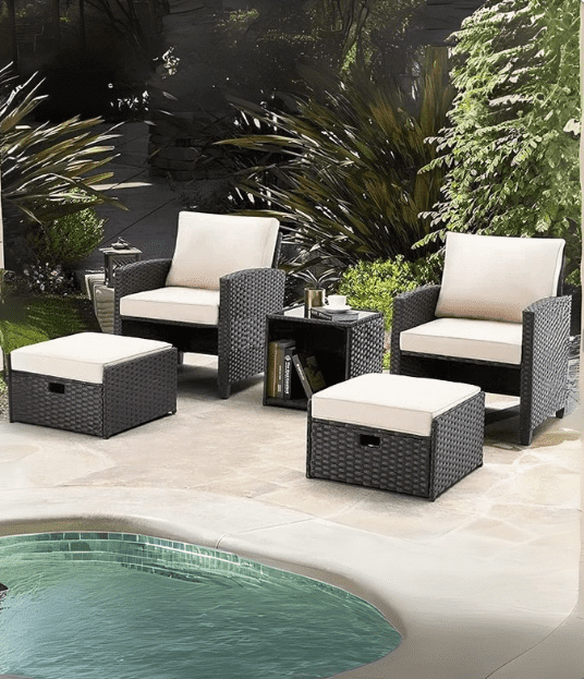 patio wicker set 5 piece patio furniture set with black wicker frame, grey cushions, and matching ottoman, perfect for outdoor spaces.