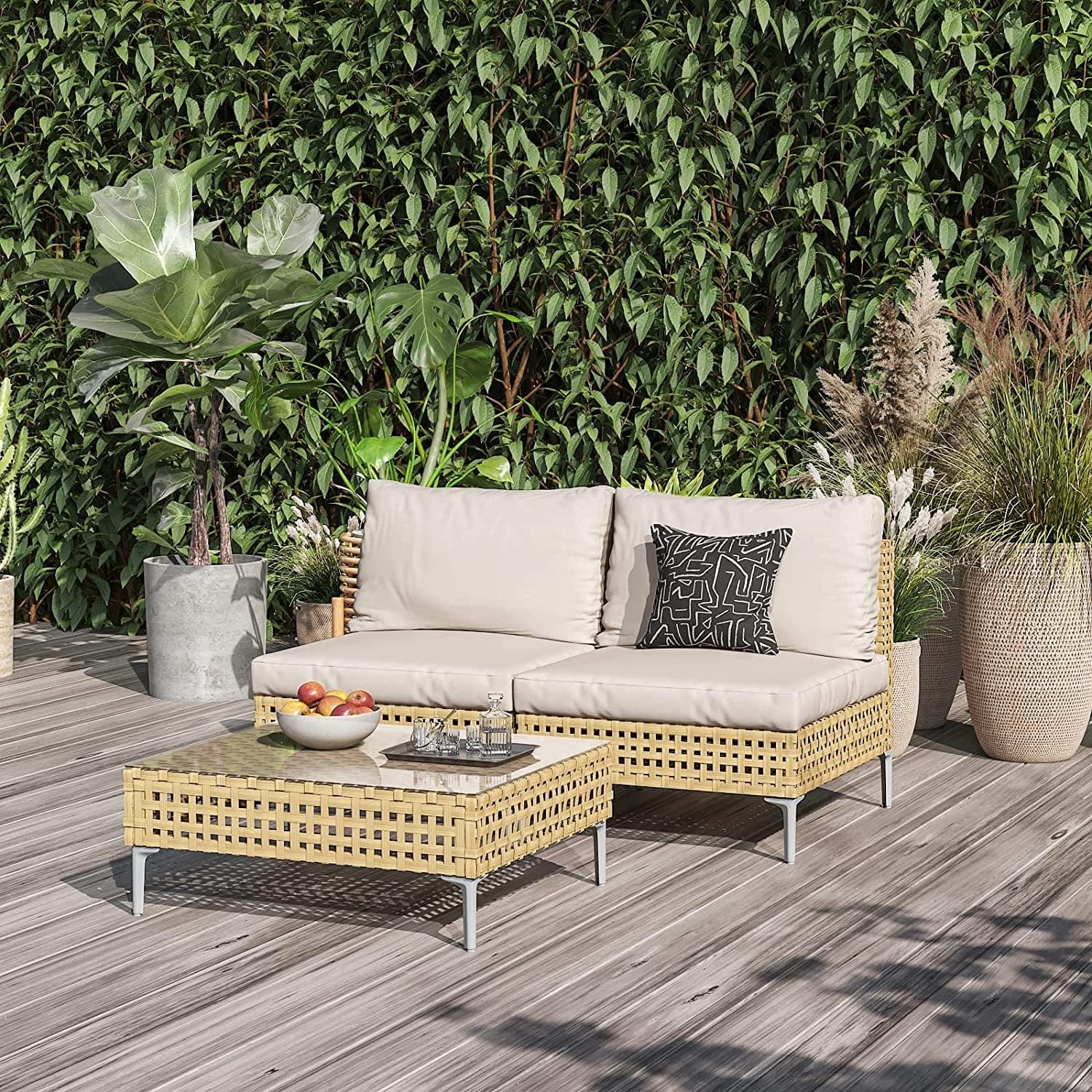 Outdoor double seater rattan wicker sofa with center table – stylish and durable patio furniture"