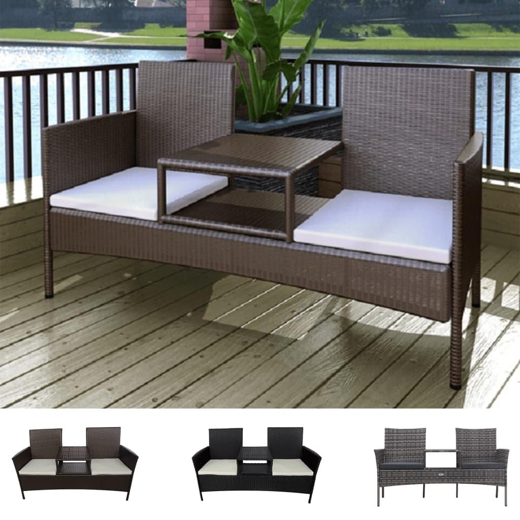 Dark brown 2-seater patio sofa set with tea table, made of durable poly rattan, placed outdoors on a garden deck.