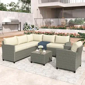 Modern outdoor rattan wicker patio furniture set with cushioned seating and glass-top table, perfect for garden, balcony, or backyard."