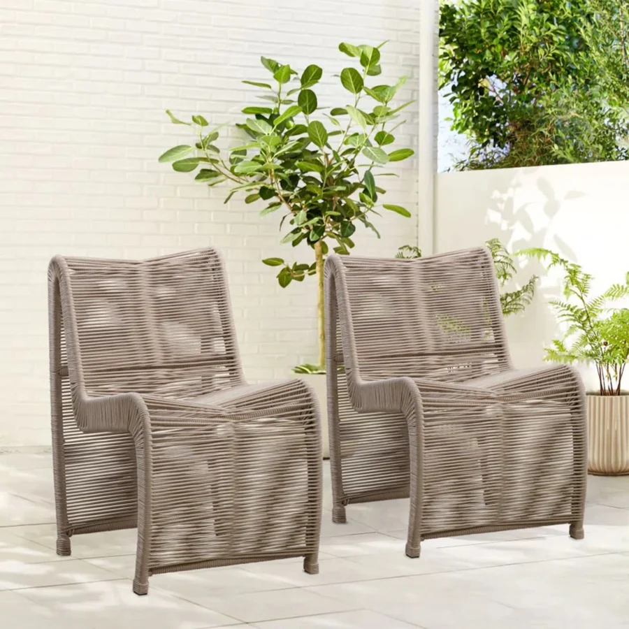 Two modern outdoor rope patio chairs with metal frames and woven seats, perfect for garden or balcony seating.
