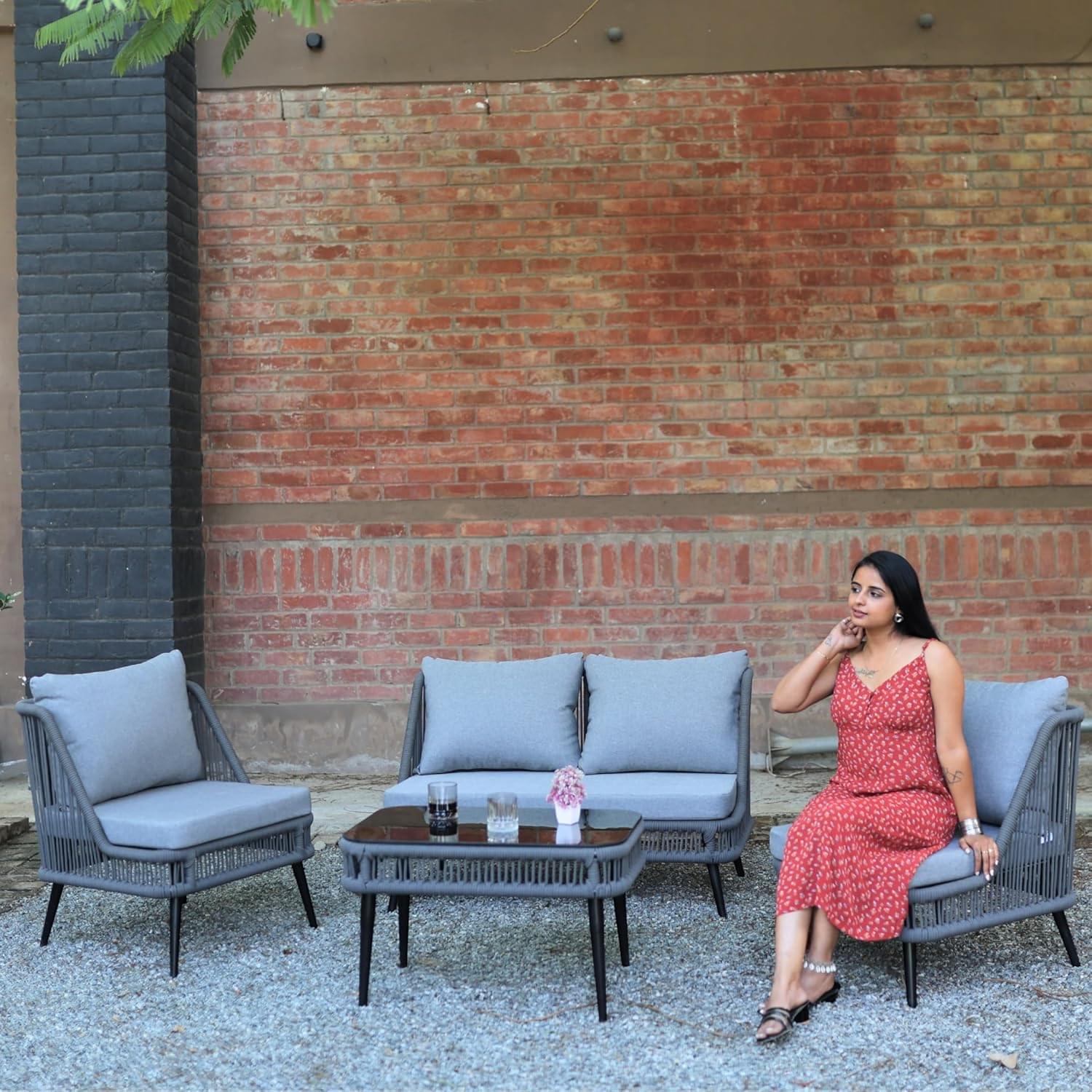 LOCCUS 4-Piece Outdoor Patio Sofa Set, Handwoven Rope Wicker with Cushions & Center Table (Grey) LOCCUS 4-Piece Outdoor Patio Furniture Set in Grey, featuring handwoven rope wicker design, weather-resistant MS iron frame, thick comfortable cushions, and a stylish center table, perfect for garden, balcony, backyard, or porch seating arrangement.